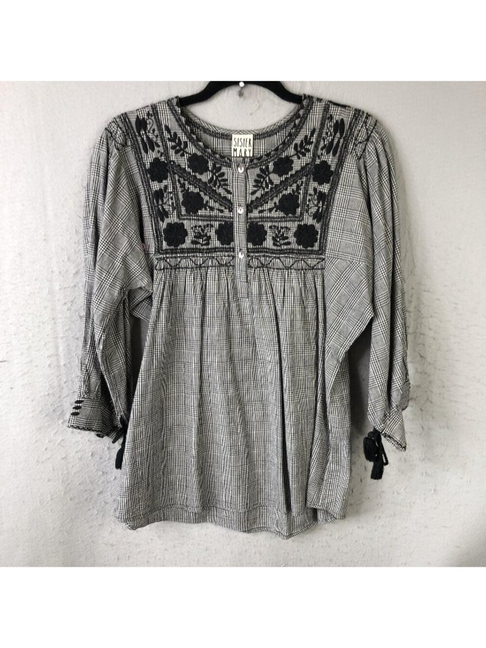 Sister Mary Tunic Top Womens XS Black Plaid Floral Embroidered Boho Tassel